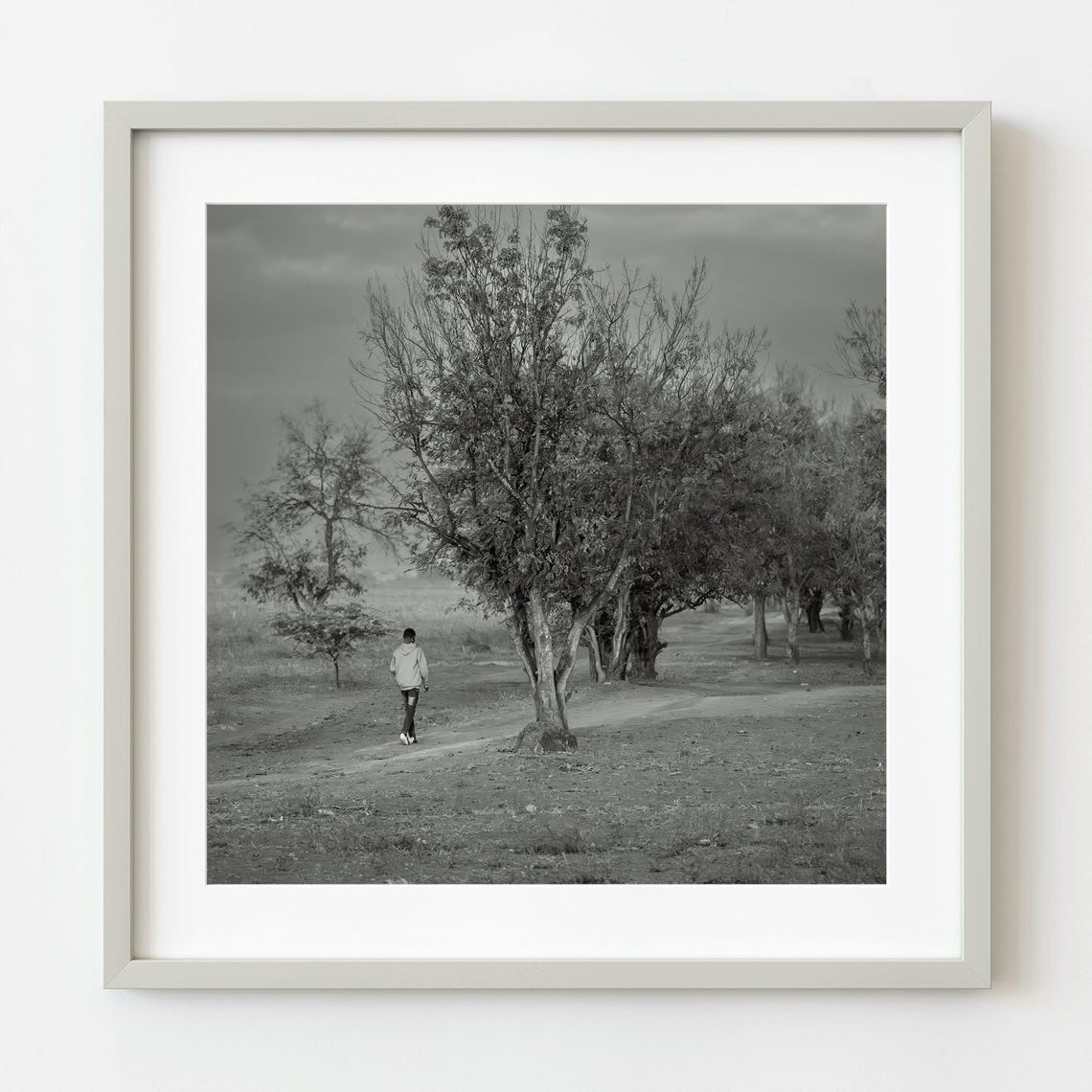 Boy Walking Rural Path Black and White Countryside Documentary Poster
