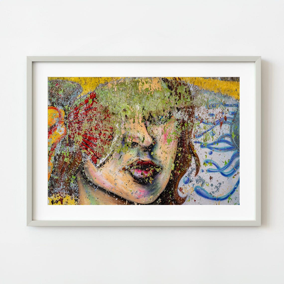Weathered Street Mural Portrait Peeling Paint Urban Art Poster