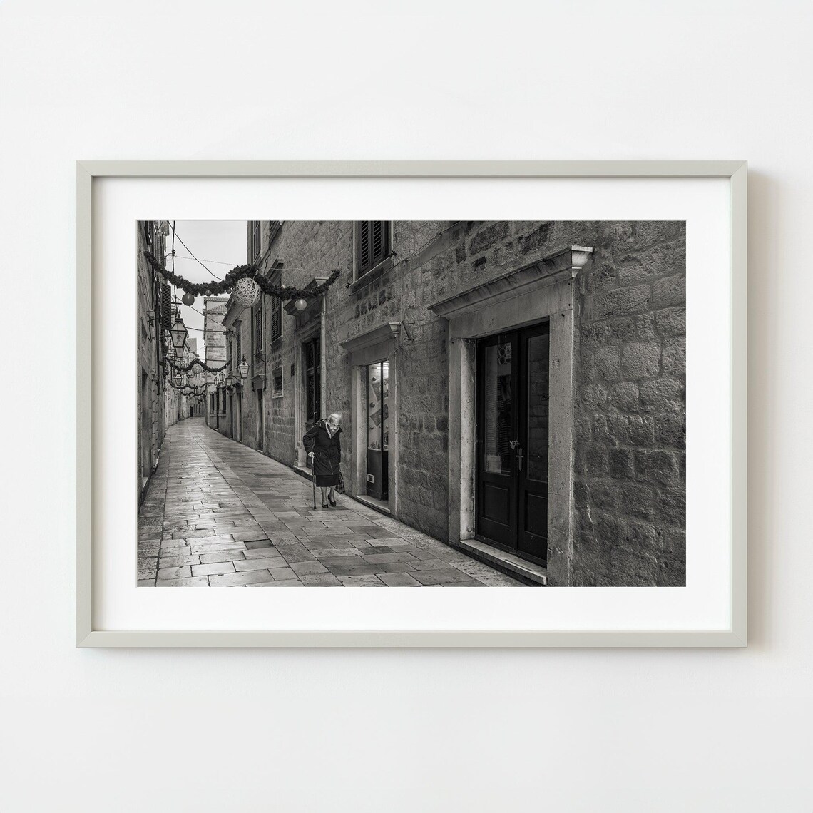 Elderly Woman Old Stone Street Black White Photography Art Poster