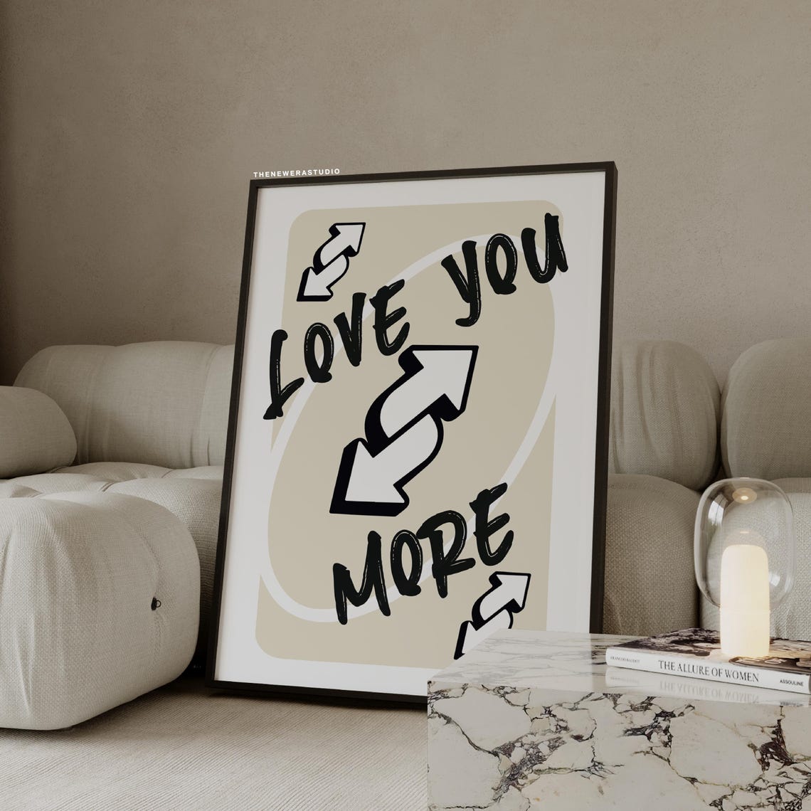 Love You More Reverse Card Quote Typography Poster Beige Black