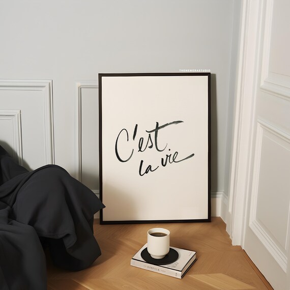 C'est La Vie French Watercolor Script Quote Black White Poster