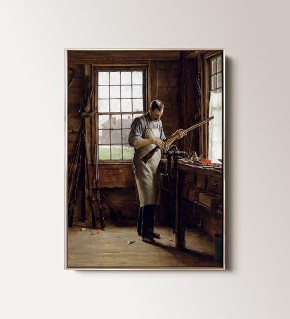 Vintage Hunting Wall Art Hunter Gift For Him Painting Rustic Workshop Wall Art Gifts Farmhouse Decor Moody Man Portrait 020