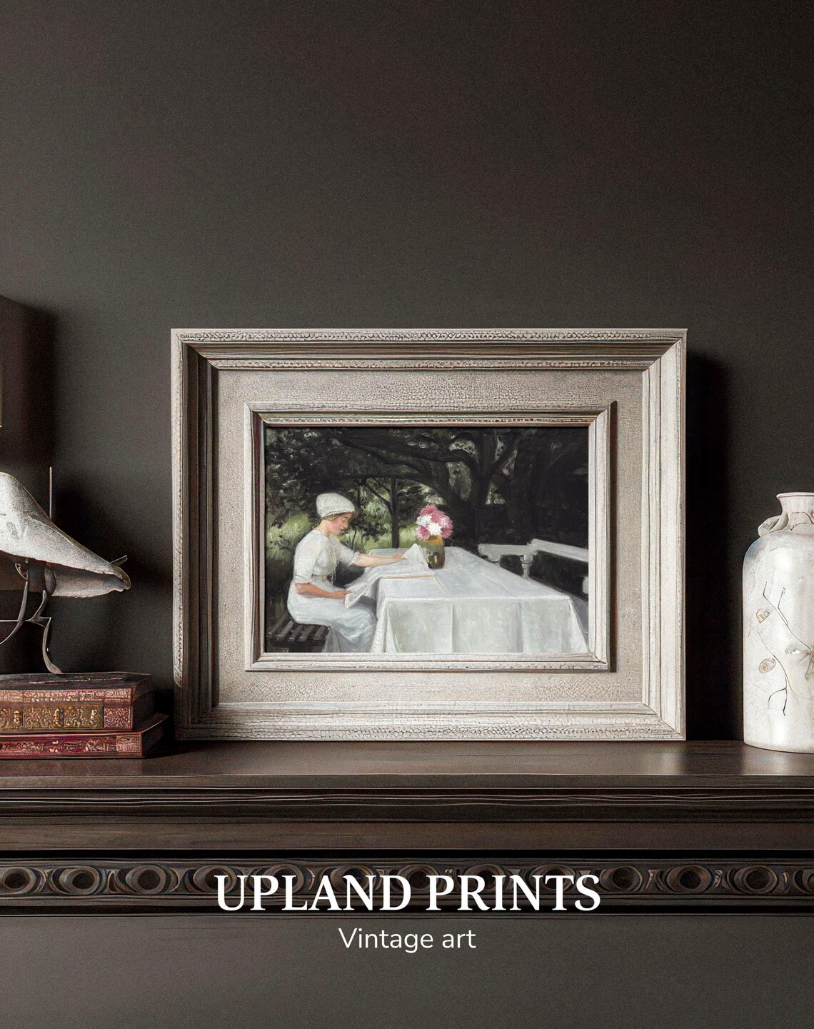 Woman In White Reading At Garden Table Vintage Portrait Painting Poster - Image 2