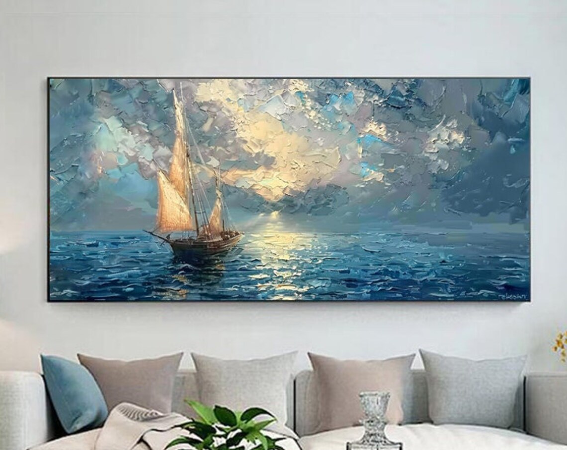Sailboat With Golden Sails Crossing Sunrise Sea Panoramic Art Poster - Image 6