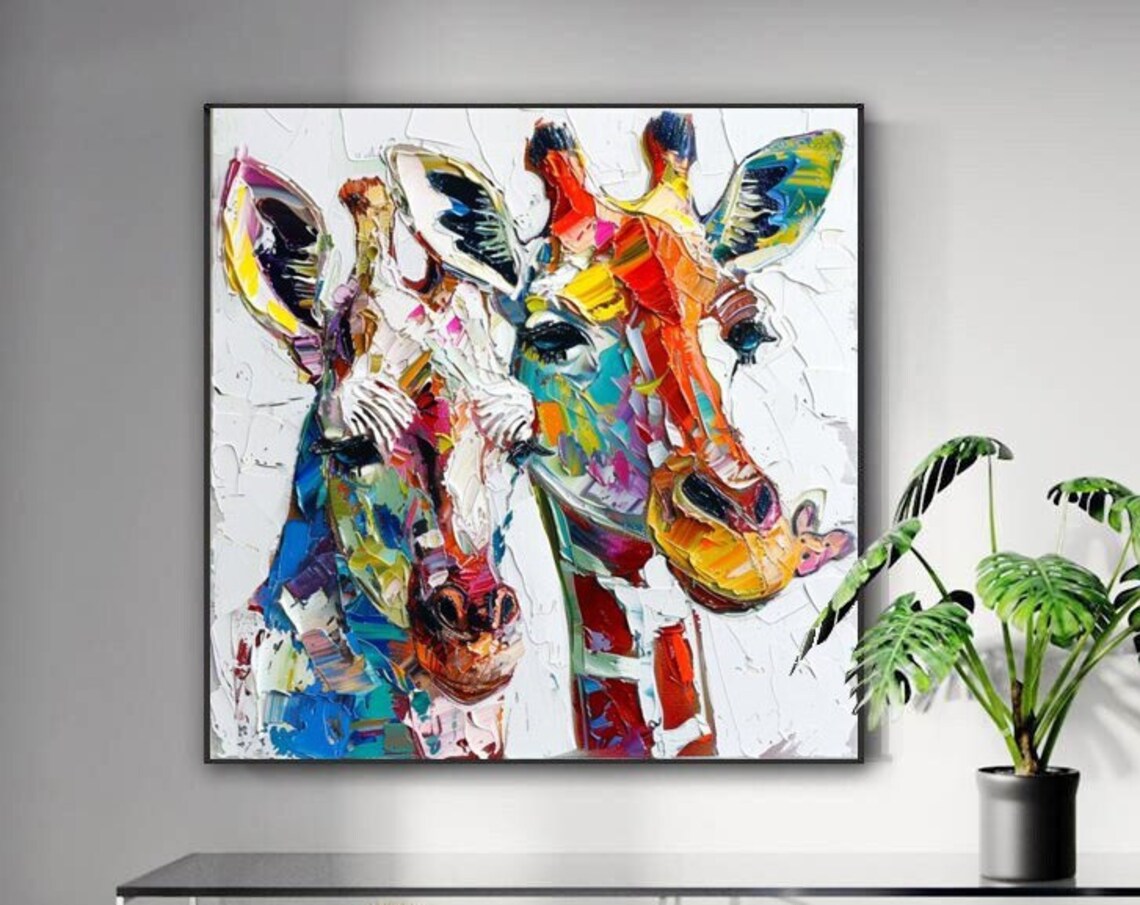 Two Colorful Giraffes Rainbow Palette Knife Animal Painting Poster