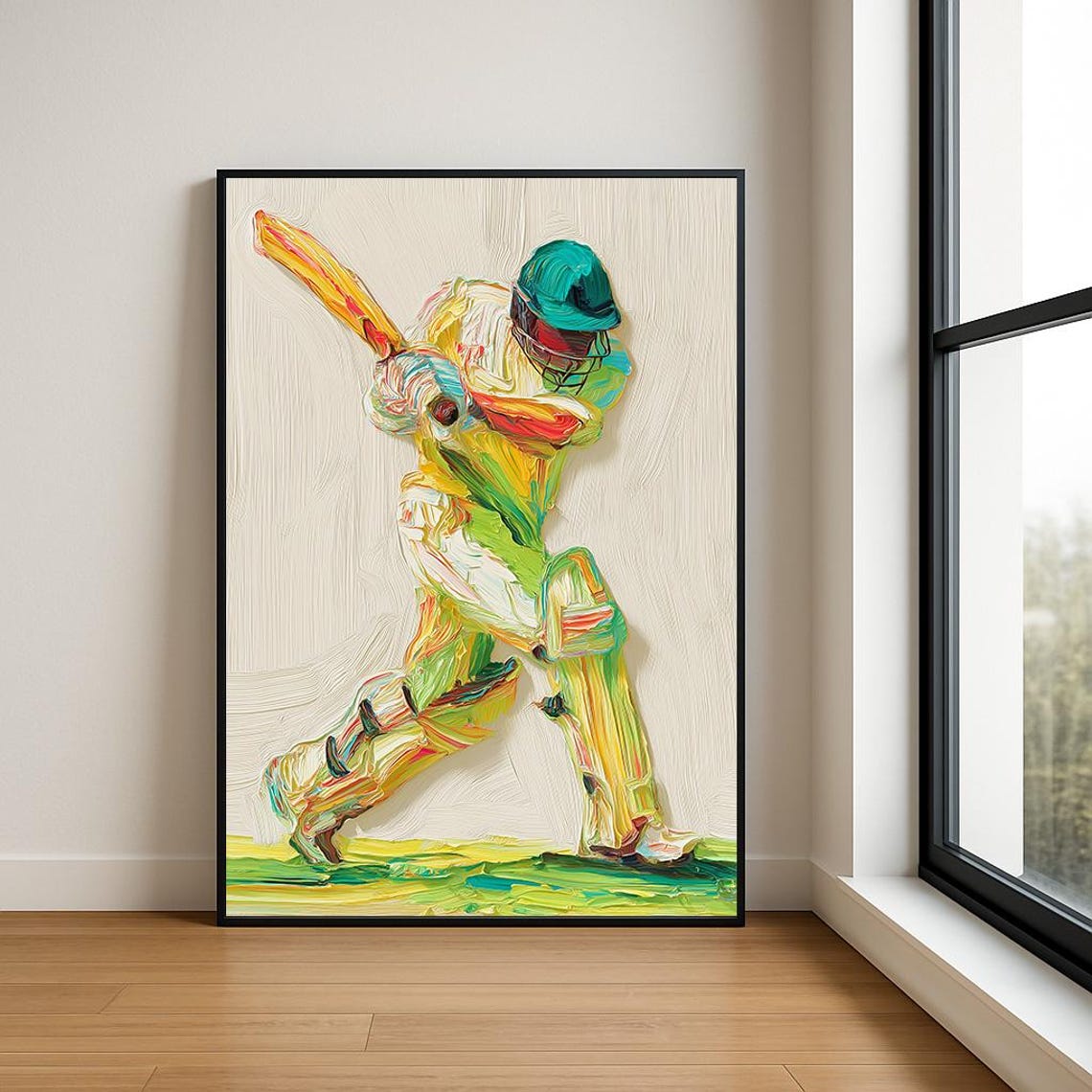 Colorful Cricket Batsman Vivid Expressive Impasto Oil Poster