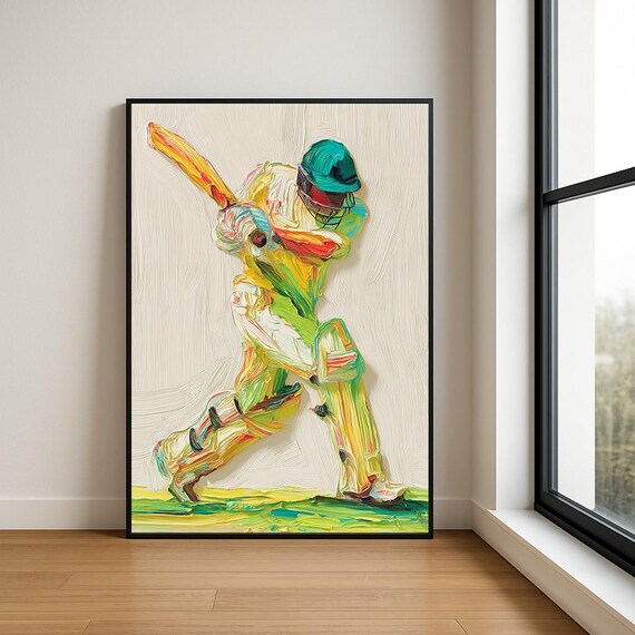 Colorful Cricket Batsman Vivid Expressive Impasto Oil Poster