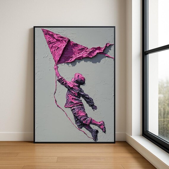 Boy Flying Magenta Kite Textured Impasto Oil Painting Poster