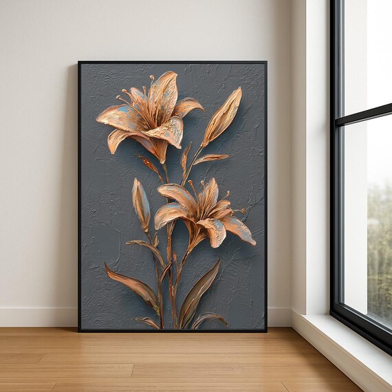 Copper Bronze Lilies Dark Grey Textured Impasto Floral Oil Poster