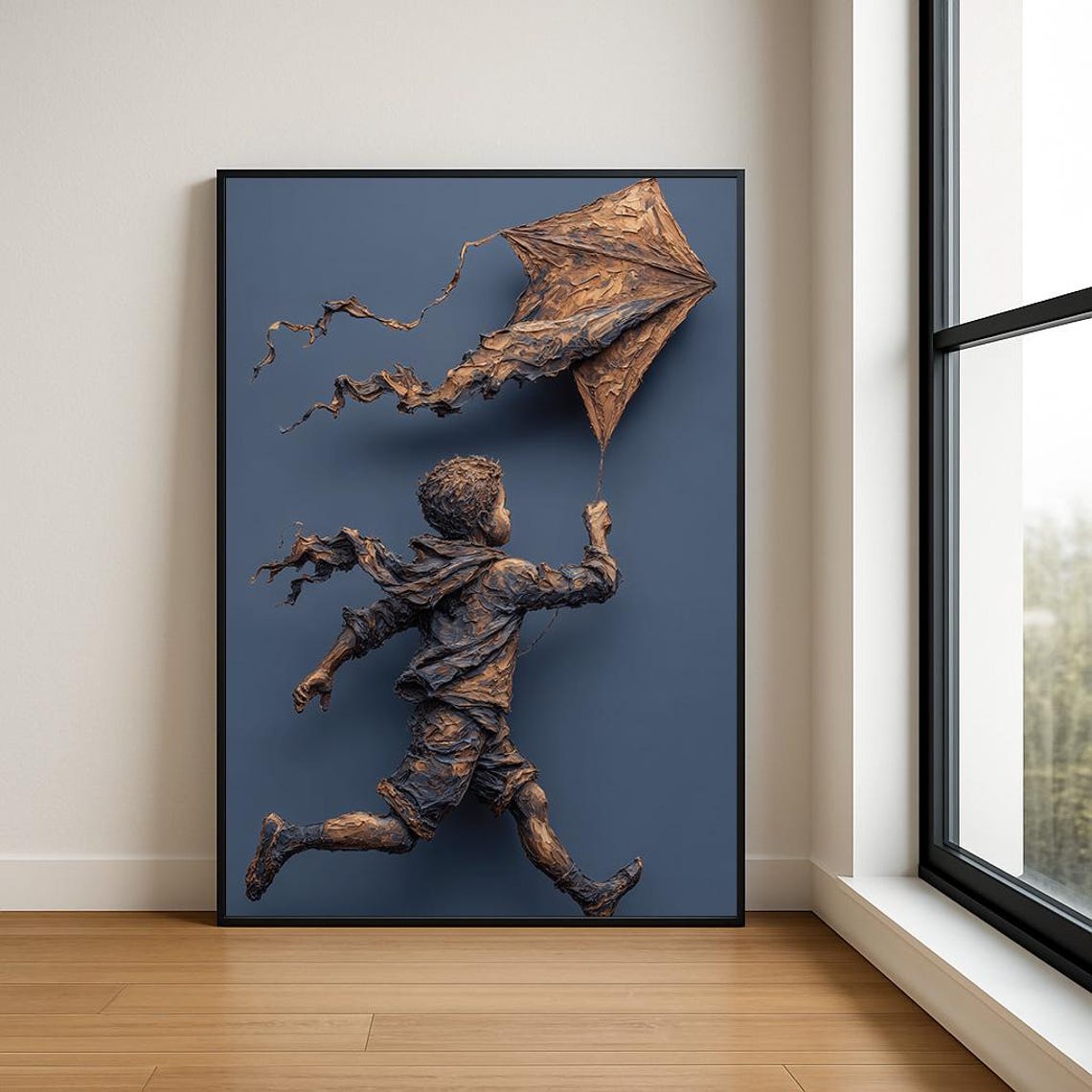 Bronze Boy Running With Copper Kite Sculpted Relief Texture Poster