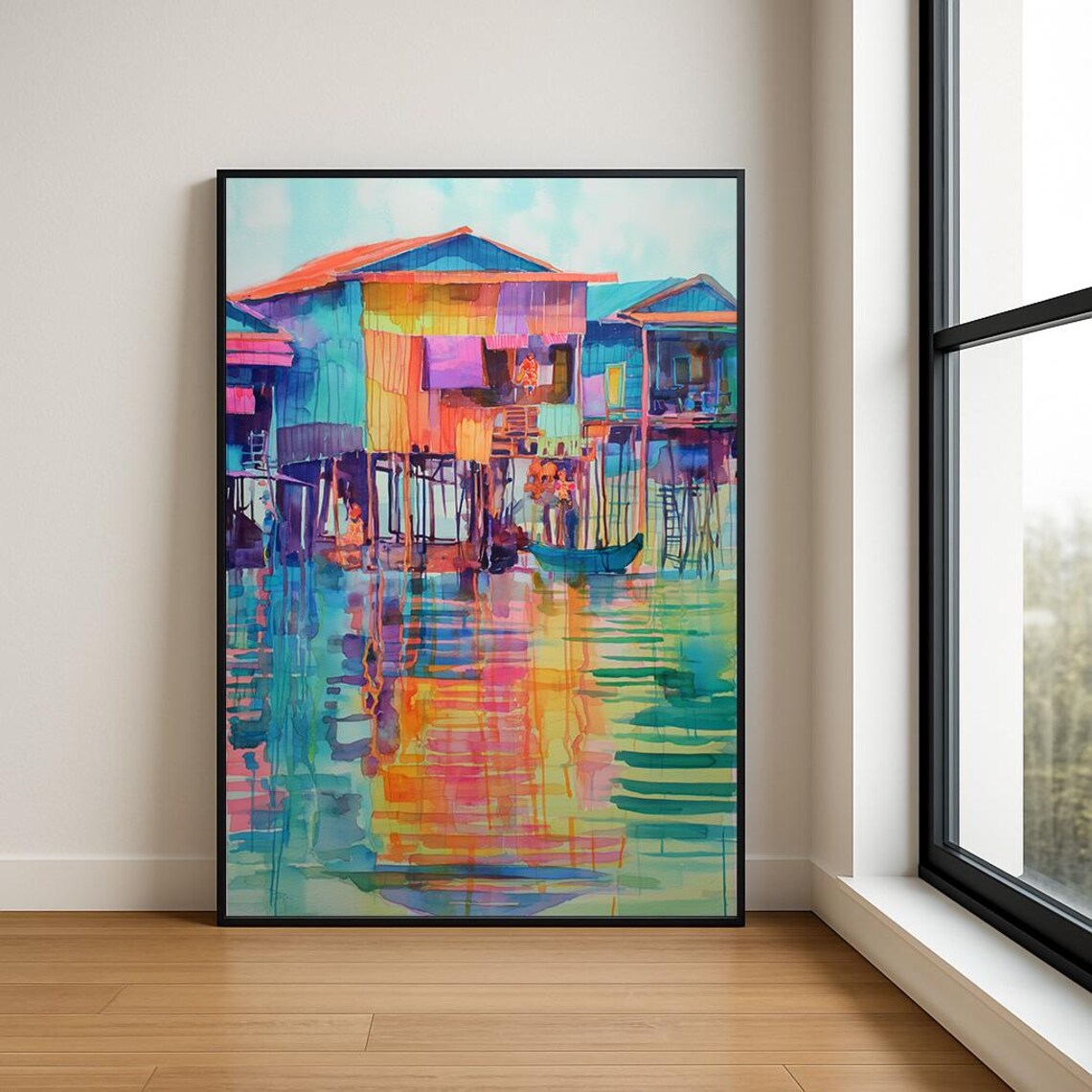 Colorful Stilt Houses Over Water Tropical Watercolor Art Poster