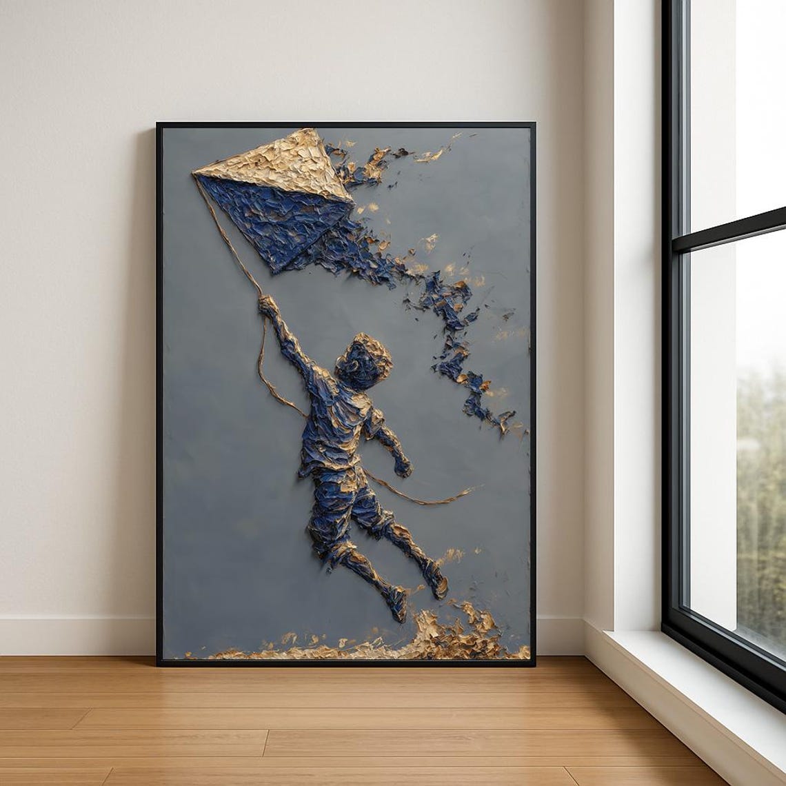 Boy Flying a Kite in Blue and Gold Textured Oil Style Poster