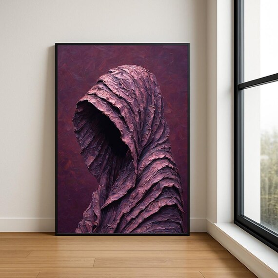 Burgundy Hooded Mysterious Figure Textured Impasto Painting Poster