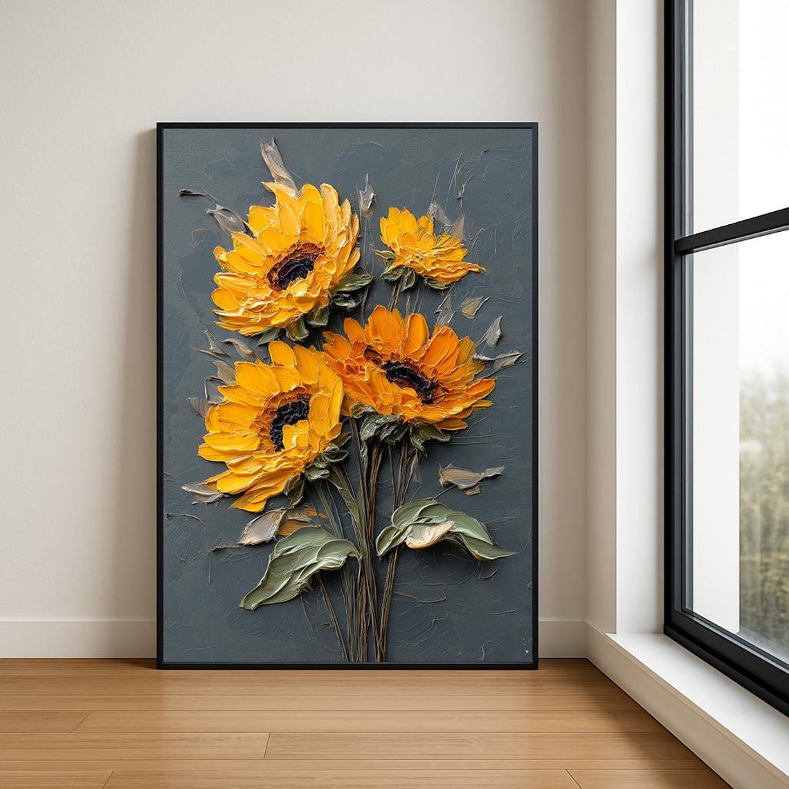 Golden Yellow Sunflowers on Dark Slate Impasto Floral Poster