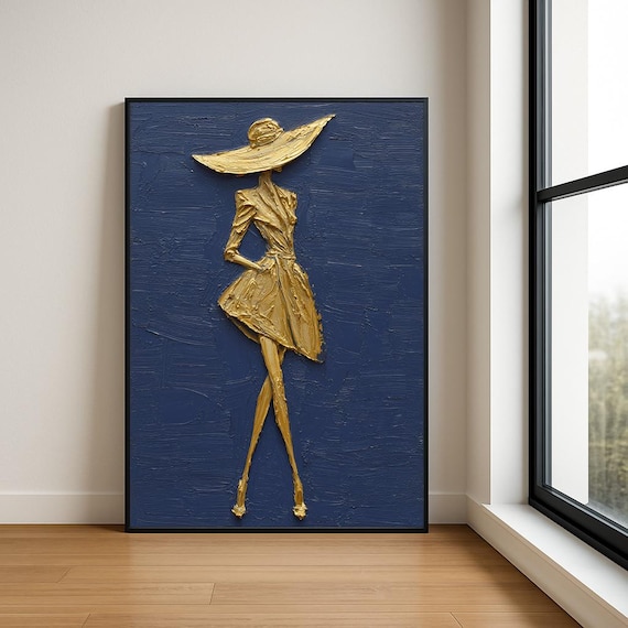 Striding Golden Lady Tilted Wide Hat Navy Textured Oil Art Poster