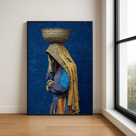 Traditional South Asian Woman Wall Oil Painting Luxury Textured Village Lady Decor