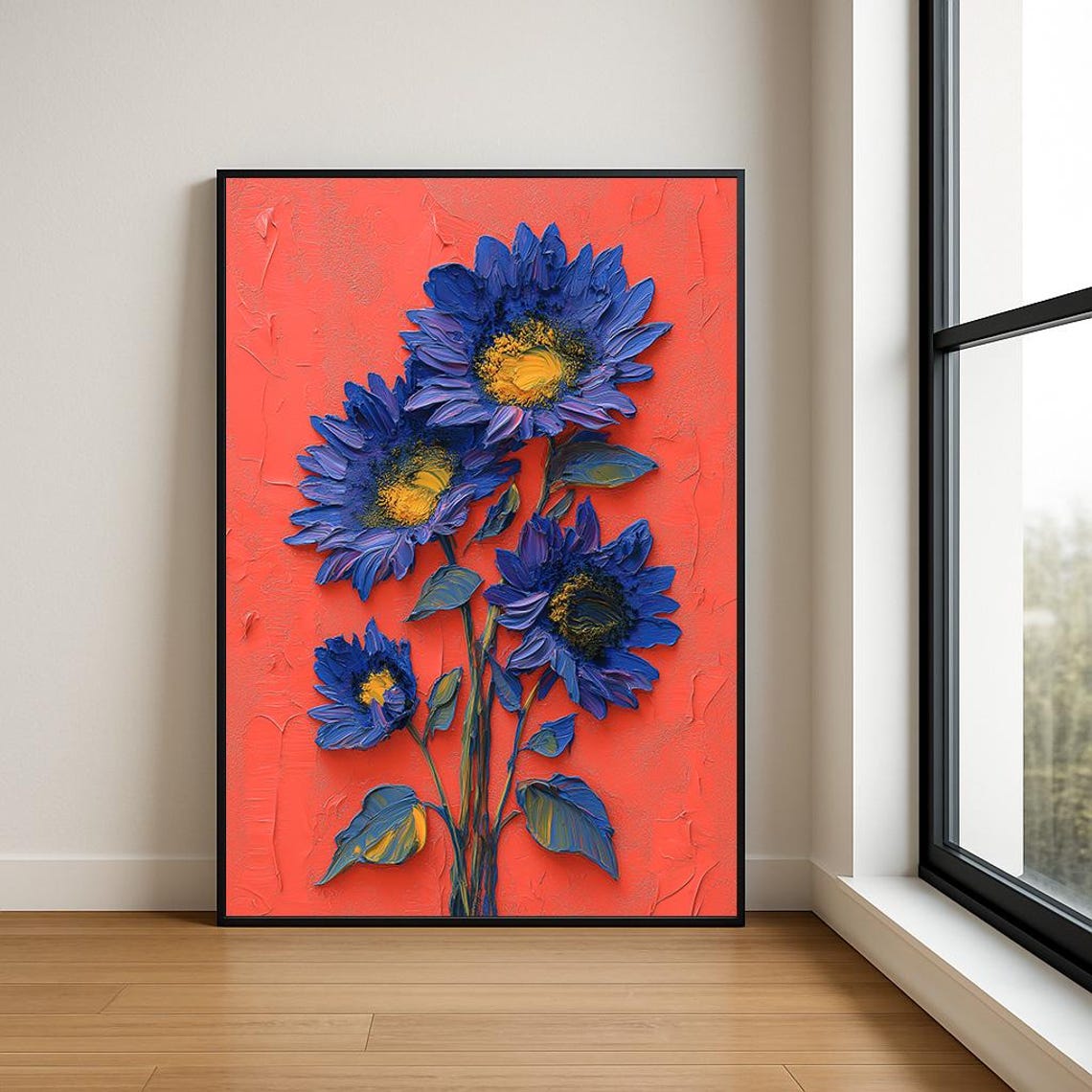 Blue Sunflowers on Coral Red Vivid Textured Impasto Floral Poster