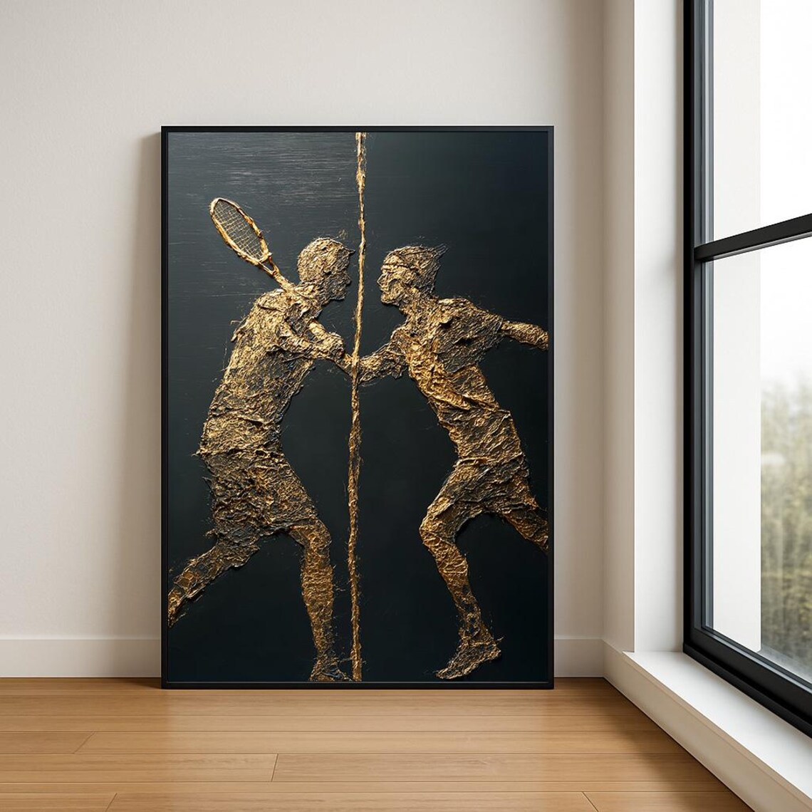 Golden Tennis Rivals Face Off Impasto Oil Painting Dark Sports Poster