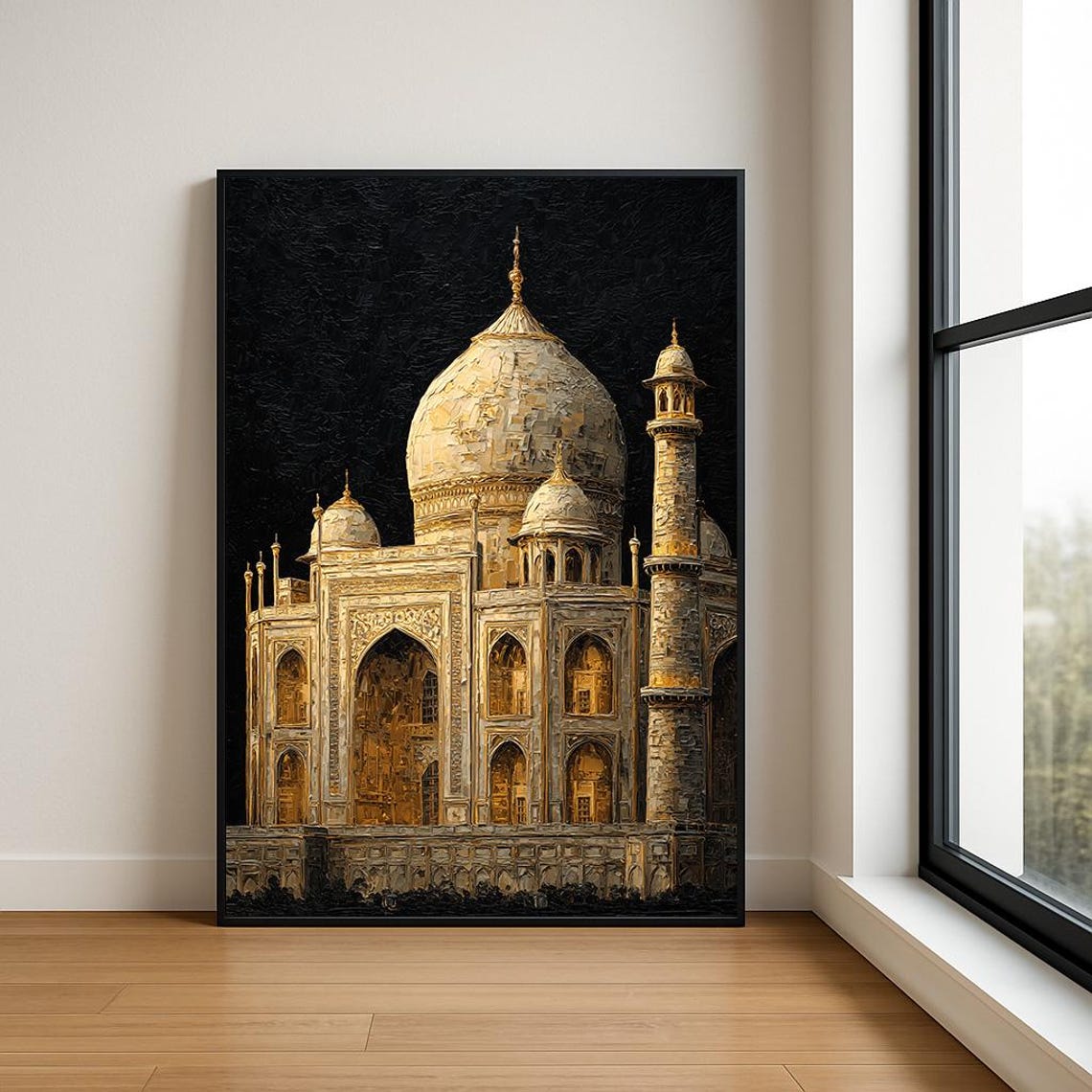 Taj Mahal India Gold Relief on Black Mughal Landmark Art Poster