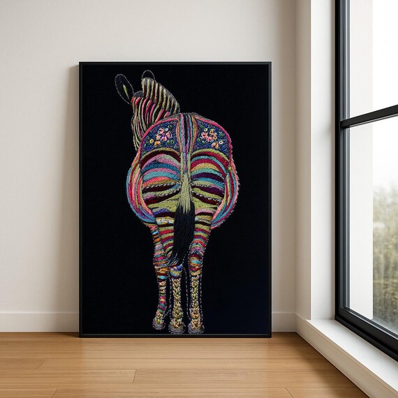 Colourful Embroidered Animal Wall Art Boho Illustration Print Vibrant Textile Style Home Decor