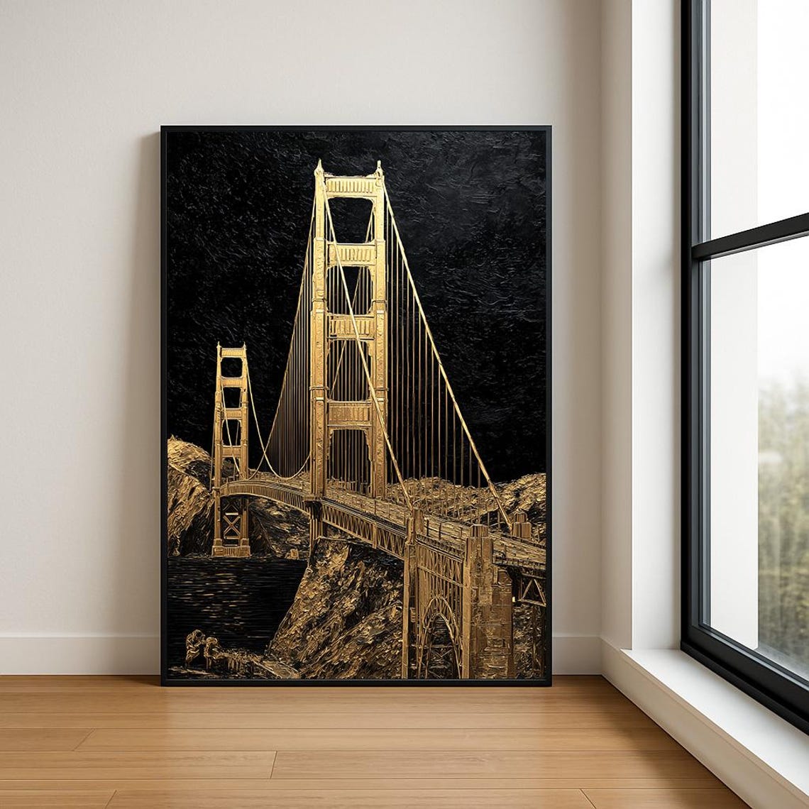 Golden Gate Bridge Gold on Black Dramatic Night Landmark Poster