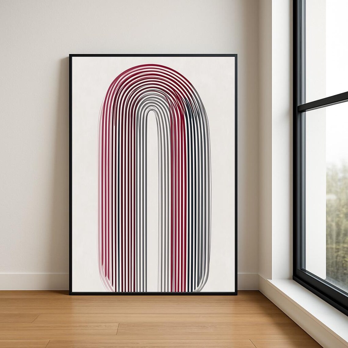 Burgundy and Gray Line Arch Poster in Minimalist Japandi Style