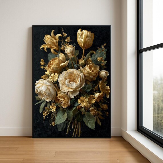 Golden Floral Bouquet on Deep Black Textured Oil Painting Poster