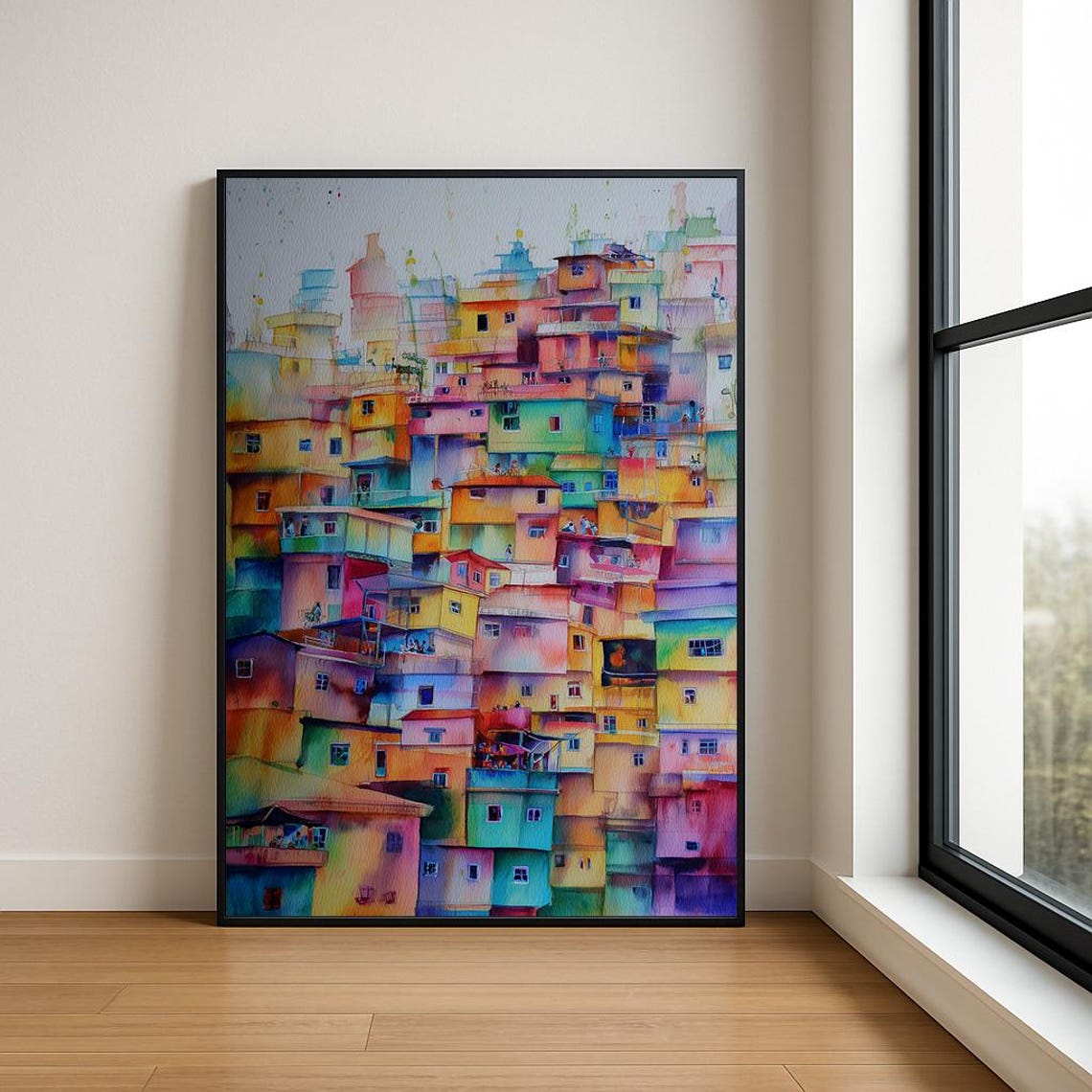 Colorful Stacked Hillside Houses Favela Watercolor Modern Art Poster