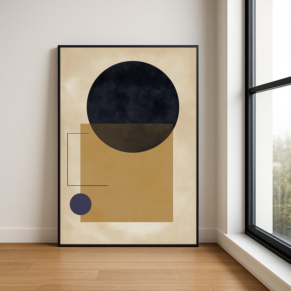 Bauhaus Style Black Circle Mustard Square Geometric Abstract Wall Art