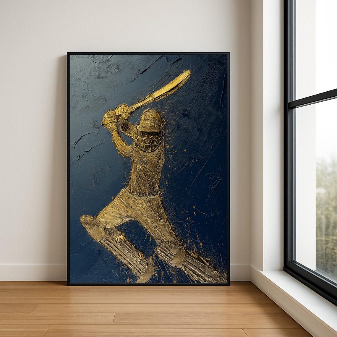 Golden Cricket Batsman Impasto Oil Painting Navy Sports Poster