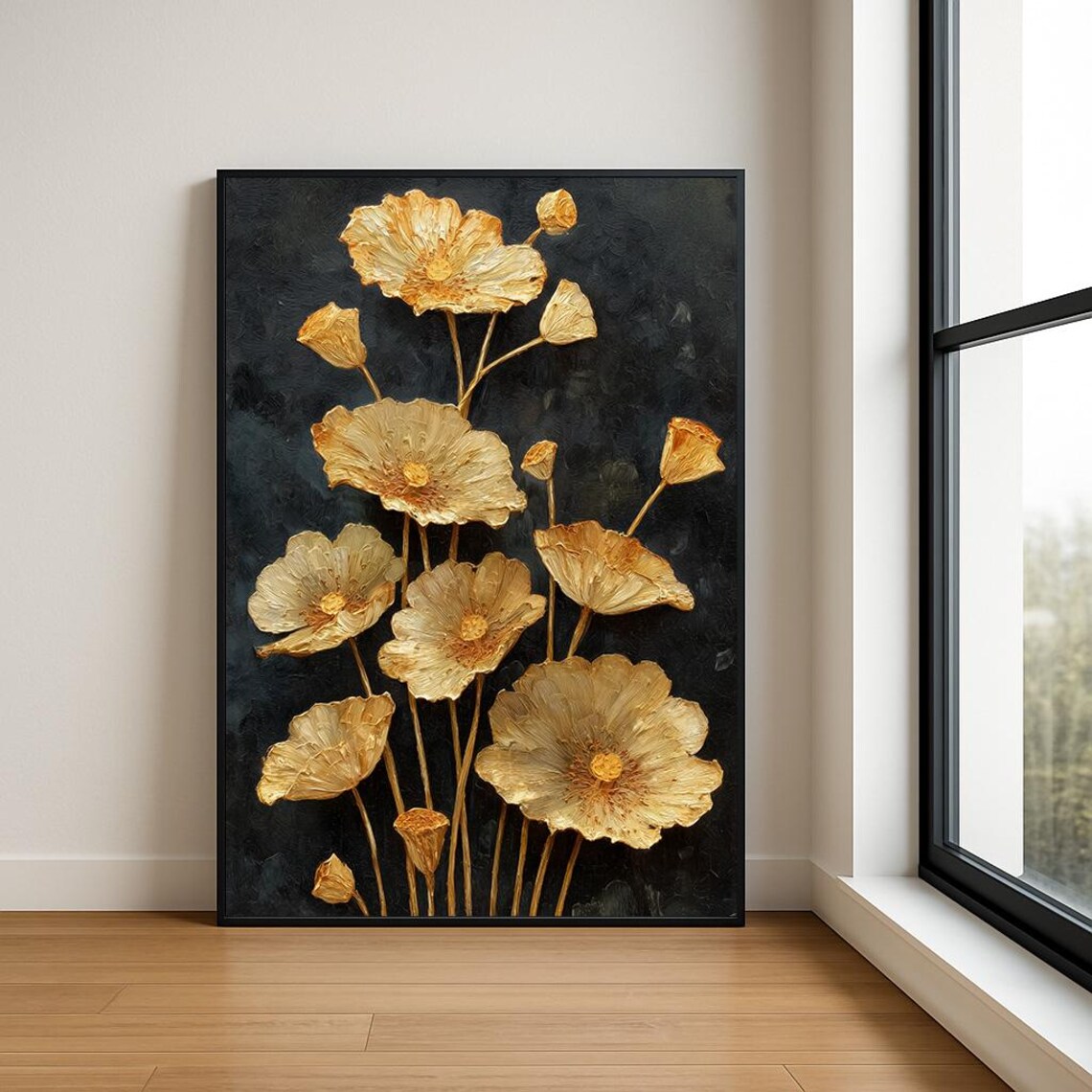 Golden Poppy Blooms on Dark Charcoal Impasto Floral Oil Art Poster