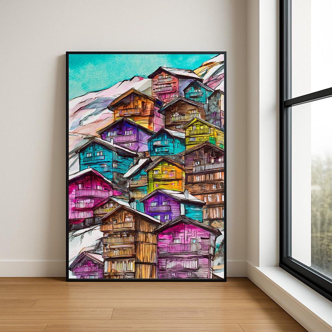 Colorful Alpine Village Chalets Hillside Vibrant Watercolor Poster