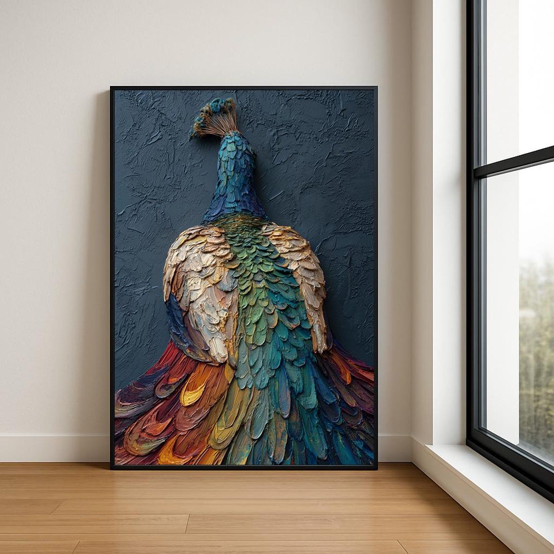 Peacock Plumage Back View Textured Oil Painting Bird Art Poster