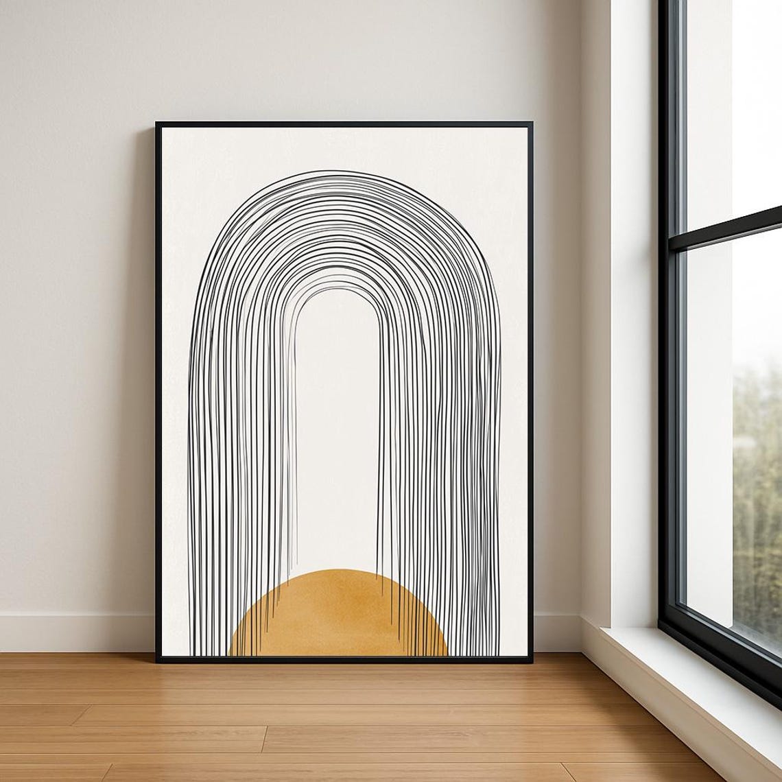 Bold Black Arch Over Golden Sun Striking Modern Abstract Wall Art