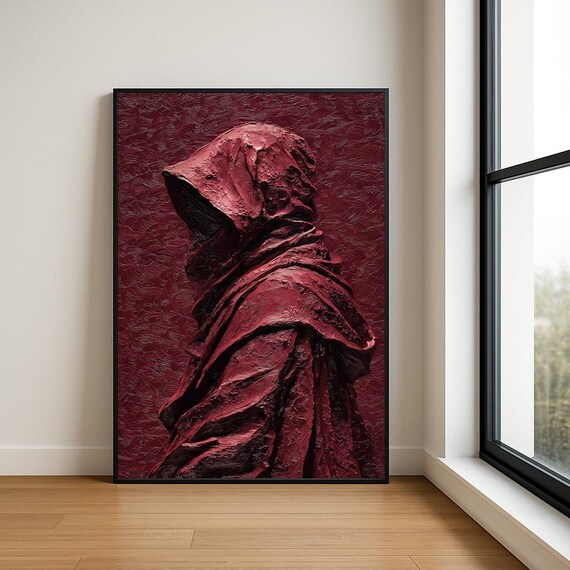 Crimson Hooded Figure Textured Impasto Dark Abstract Art Poster