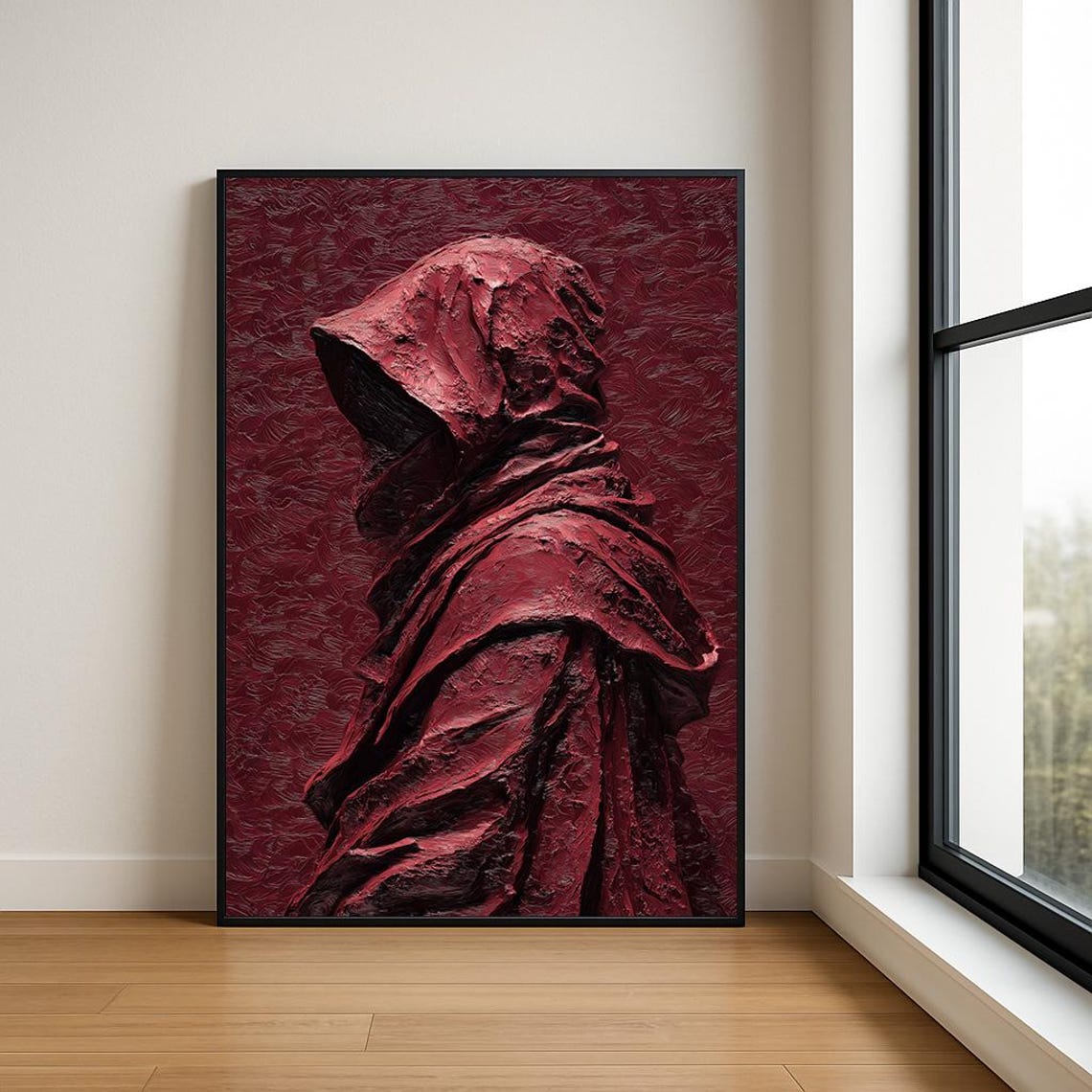 Crimson Hooded Figure Textured Impasto Dark Abstract Art Poster