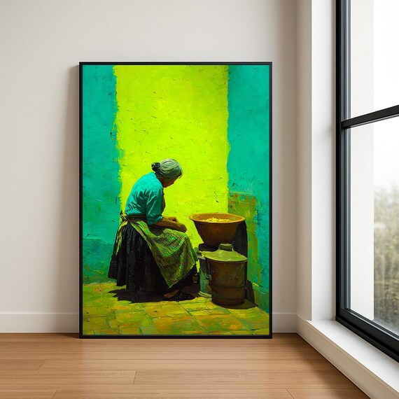 Woman by Clay Pot Lime Teal Rustic Kitchen Art Painting Poster