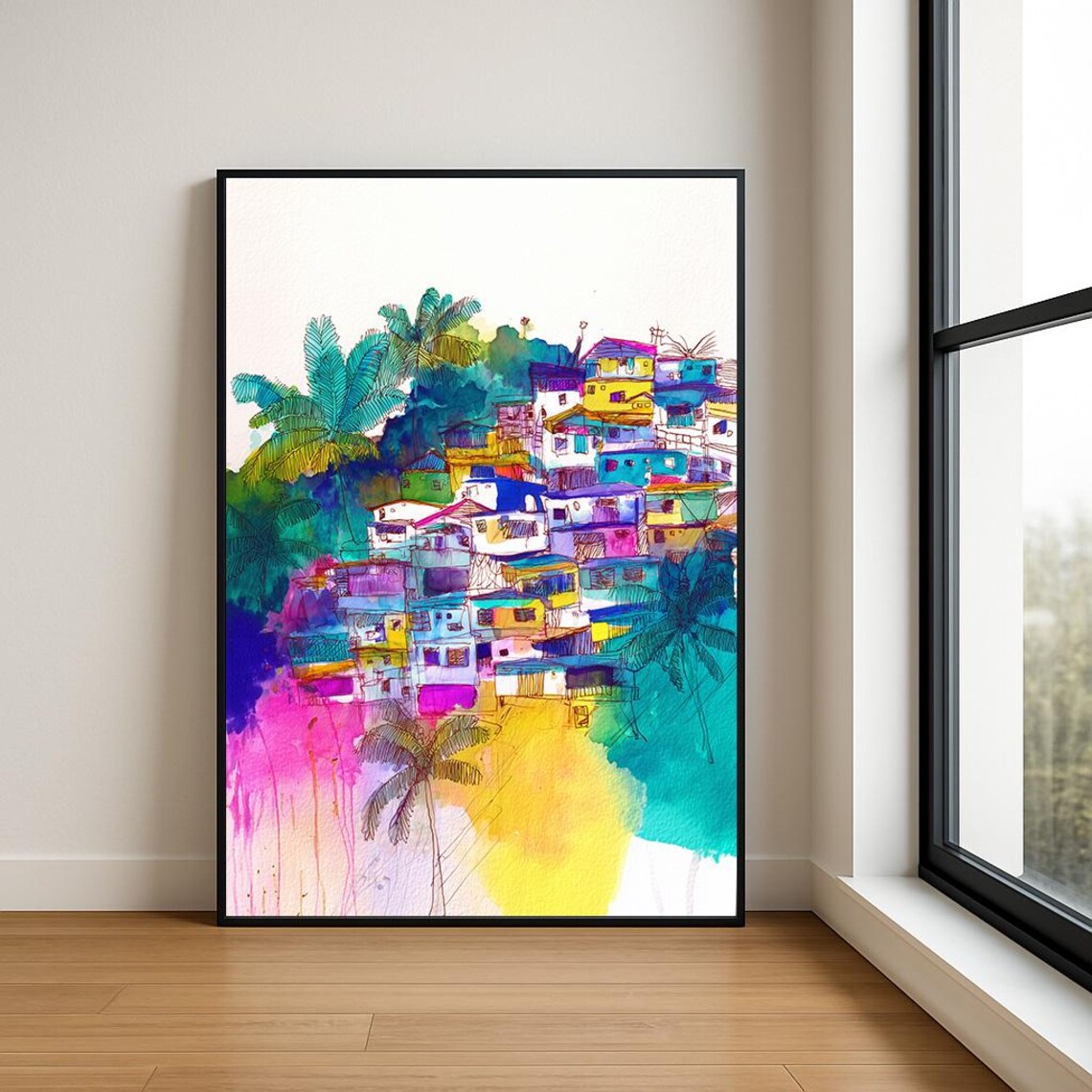 Colorful Tropical Hillside Village Watercolor Modern Art Poster