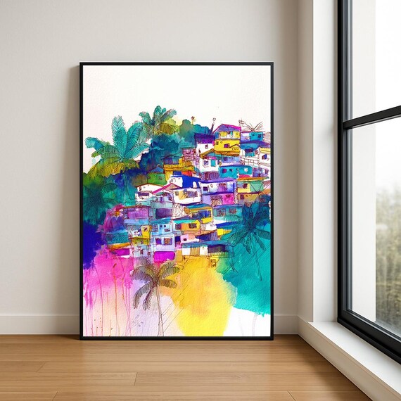 Colorful Tropical Hillside Village Watercolor Modern Art Poster