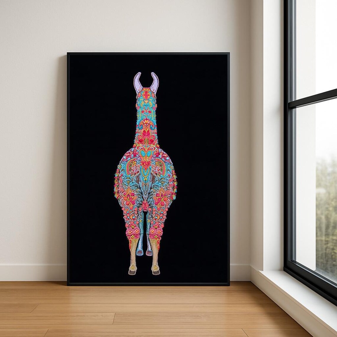 Embroidered Llama Turquoise Pink Floral Boho Animal Art Poster