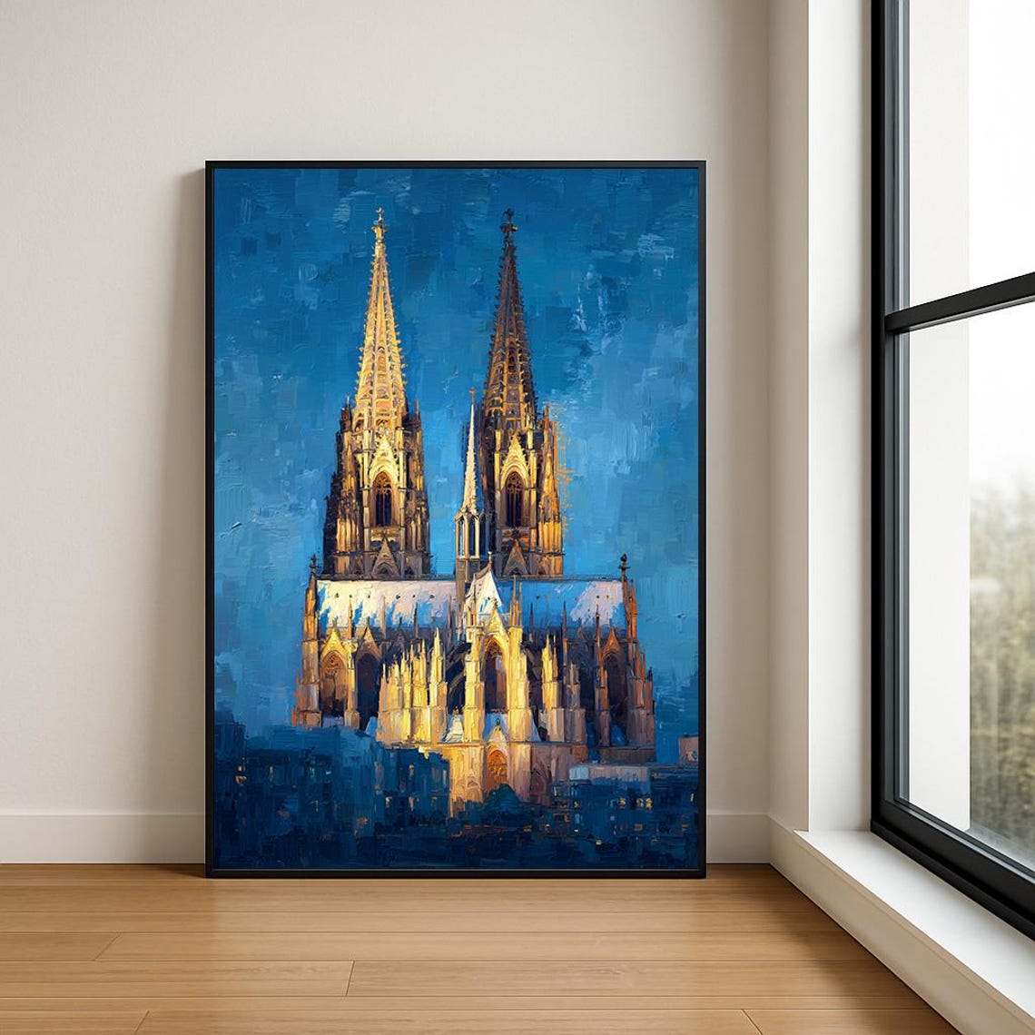 Cologne Cathedral Twin Spires Dusk Blue Impasto Oil Art Poster