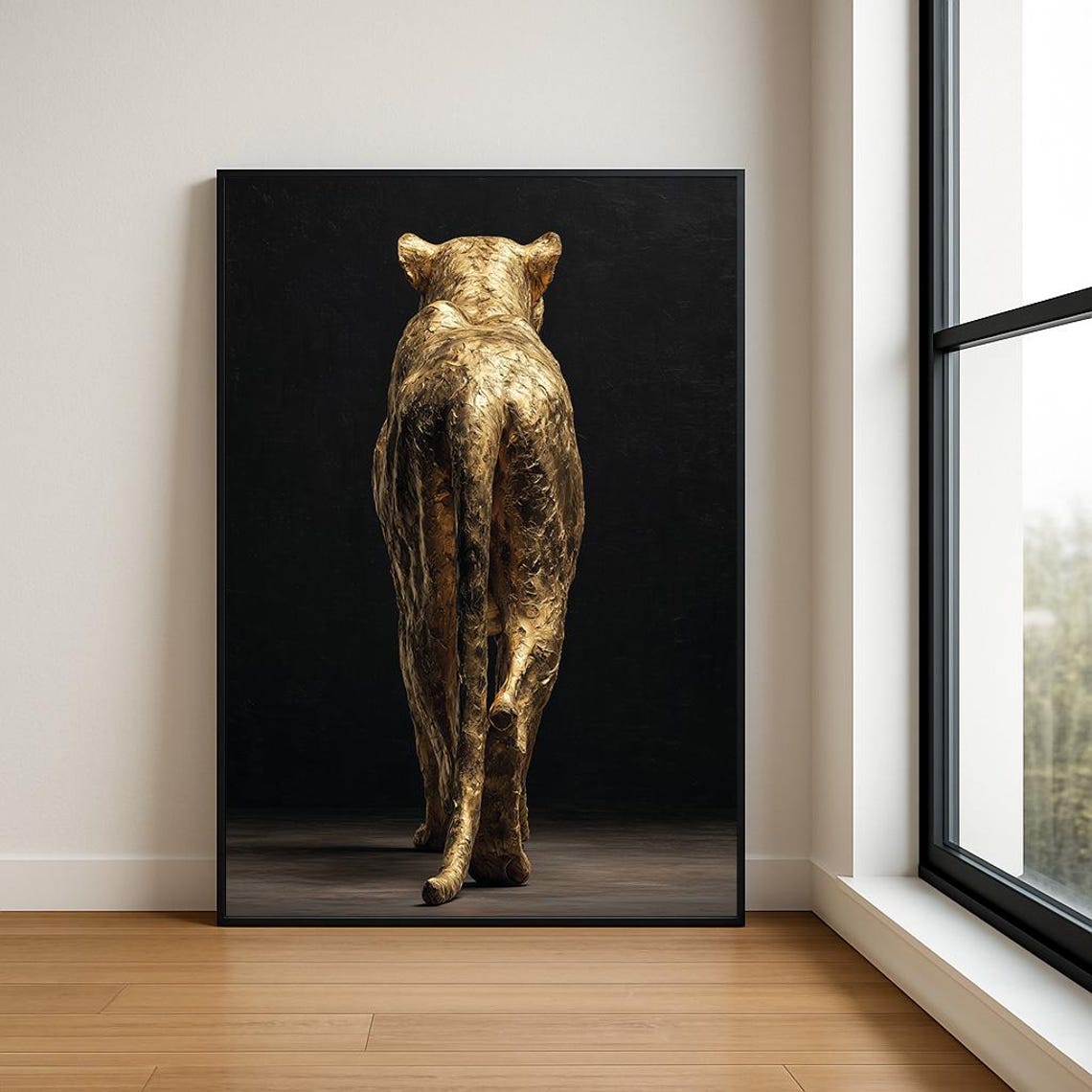 Golden Lion Walking Away Textured Oil Painting Black Background Poster