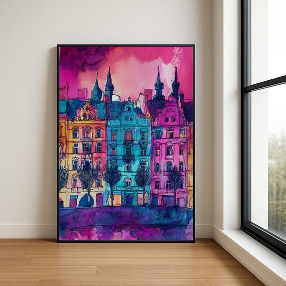 Neon Magenta European Old Town Gabled Houses Dusk Watercolor Poster