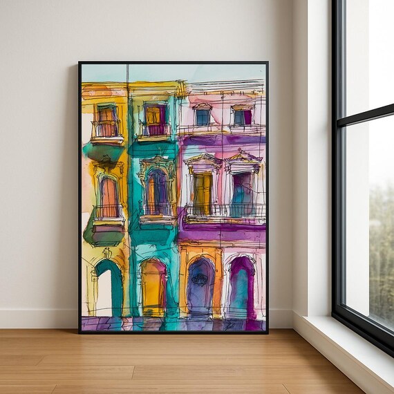 Colonial Townhouse Facades Ink Sketch Colorful Balcony Art Poster
