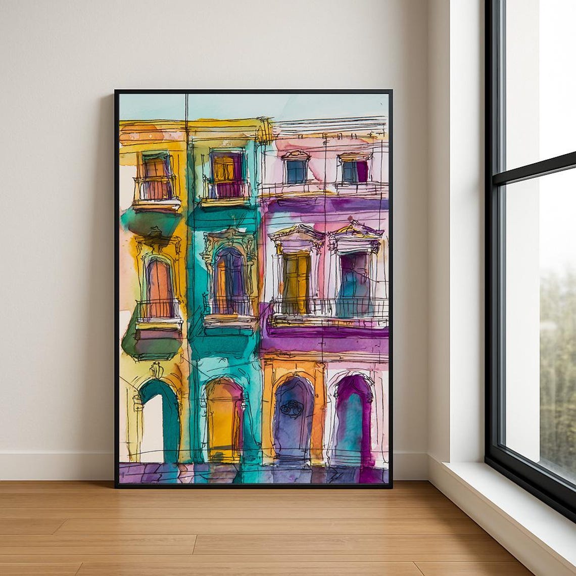 Colonial Townhouse Facades Ink Sketch Colorful Balcony Art Poster