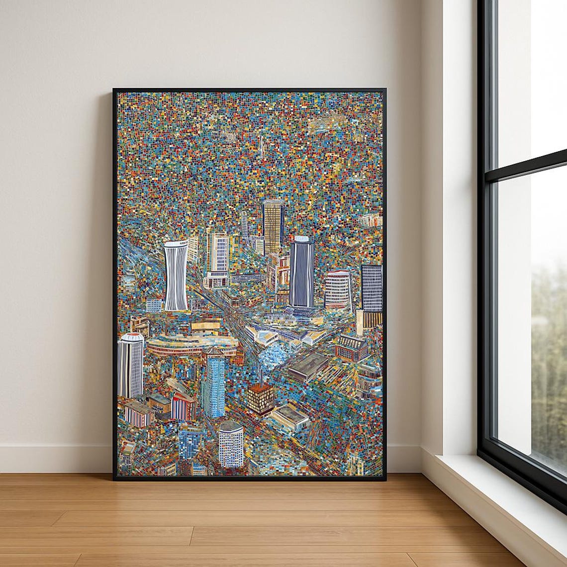 City Skyline Night Mosaic Pointillist Oil Painting Poster Textured