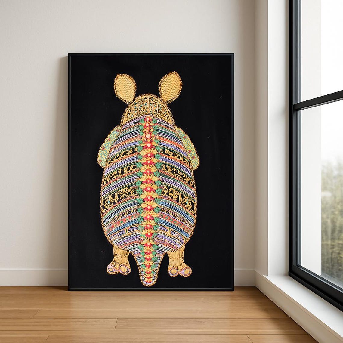 Embroidered Armadillo Colorful Stitched Folk Animal Art Poster