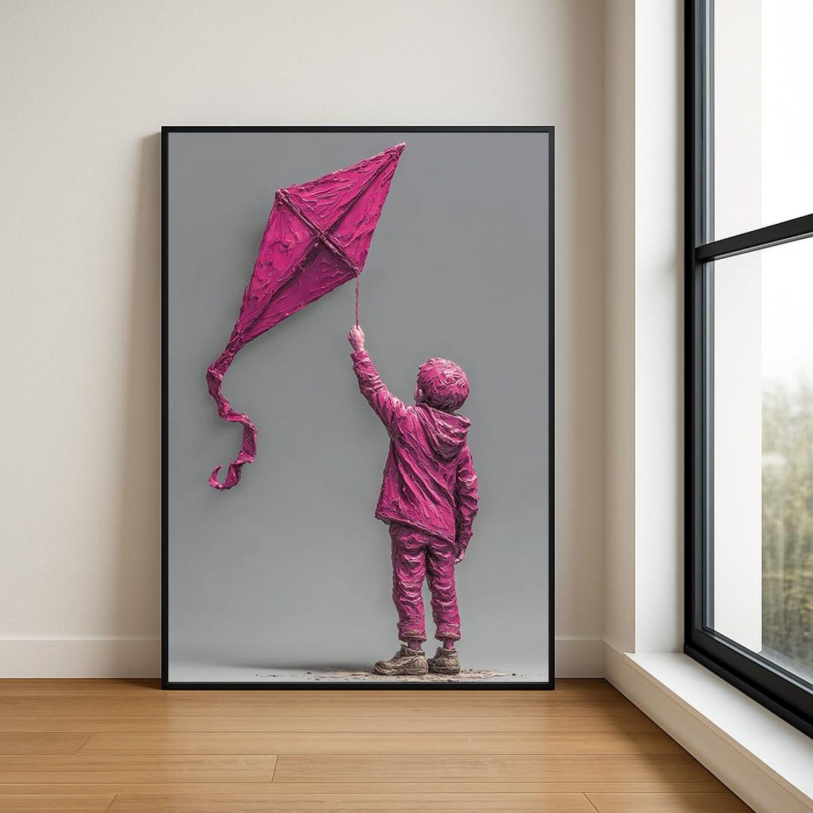 Little Boy Holding Pink Kite Gray Background Impasto Wall Art