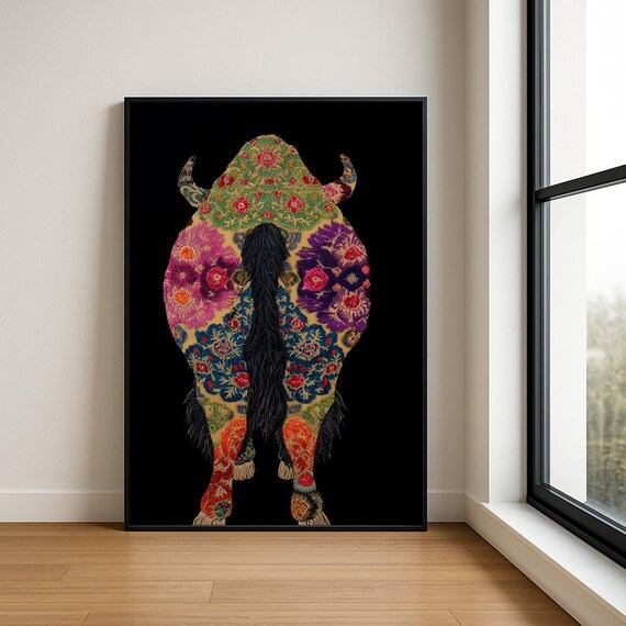 Colourful Embroidered Animal Wall Art Boho Illustration Print Vibrant Textile Style Home Decor