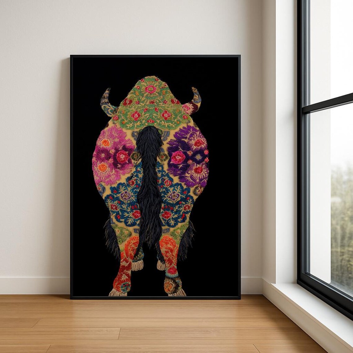 Embroidered Buffalo Pink Floral Boho Animal Art Poster On Black